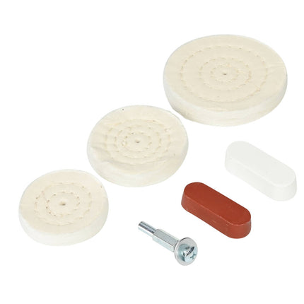Polijst Set 6 dlg: 3 schijven, opnamedoorn, 2 pasta's voor metaal/hout.