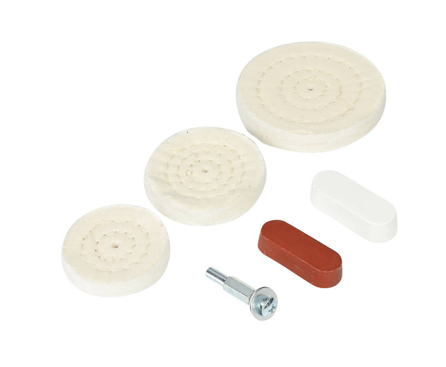 Polijst Set 6 dlg: 3 schijven, opnamedoorn, 2 pasta's voor metaal/hout.