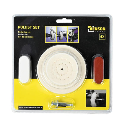 Polijst Set 6 dlg: 3 schijven, opnamedoorn, 2 pasta's voor metaal/hout.