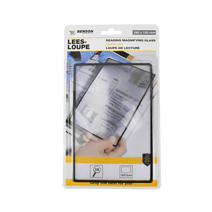 Leesloupe 3x, 180x120mm, zwart frame, ideaal voor boeken en documenten.