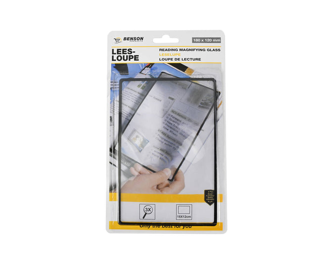 Leesloupe 3x, 180x120mm, zwart frame, ideaal voor boeken en documenten.