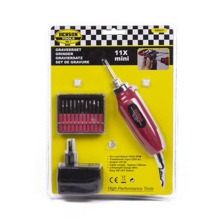 Graveerset 11 dlg Mini, 12000 rpm, 220/12 V, voor glas & metaal.