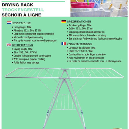 Droogrek wit opvouwbaar 152 x 50 x 87 cm – Drooglengte 10M, Afmeting 152 x 50 x 87 CM