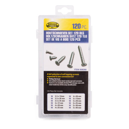 Houtschroeven Set 120 dlg - Staal, Corrosiebestendig, 12-40mm