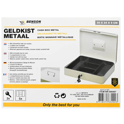 Geldkist Metaal Wit 300x240x90mm, Incl. 5-vaks Muntlade & Cylinderslot