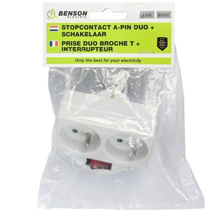 Stopcontact A-pin 16A + Schakelaar, 3680W, Duo Wit voor FR/BE