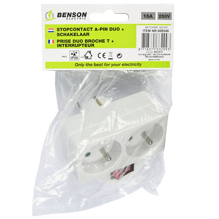 Stopcontact A-pin 16A + Schakelaar, 3680W, Duo Wit voor FR/BE