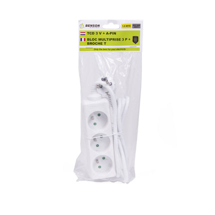 Steckdosenleiste 3-fach, 1,5 m Kabel, 3680 W, für Frankreich/Belgien.