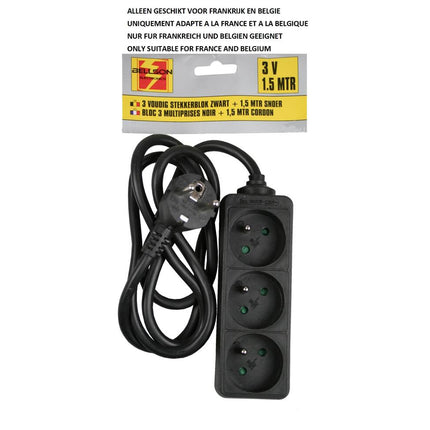 Zwarte 3-voudige A-pin stekkerdoos, 1.5m kabel, 16A/250V, 3680W.