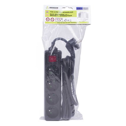 Stekkerdoos 4-voudig met Schakelaar, 3m Kabel, Zwart, 16A-250V