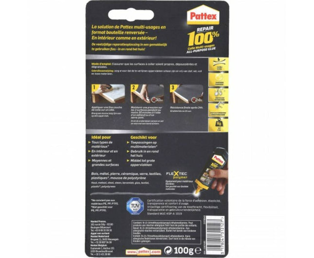 Pattex 100% Lijm 100gr: Sterke hechting op hout, metaal, glas.