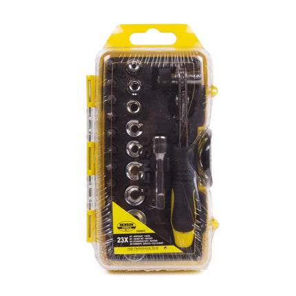 Bit-Doppenset 23 dlg: Ratel, 1/4" Verlengstuk, 9 Doppen, 12 Bits