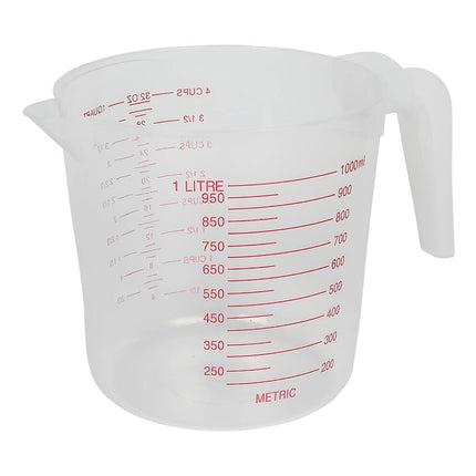 Maatbeker 1000 ml, transparant plastic, ideaal voor vloeistofmeting.