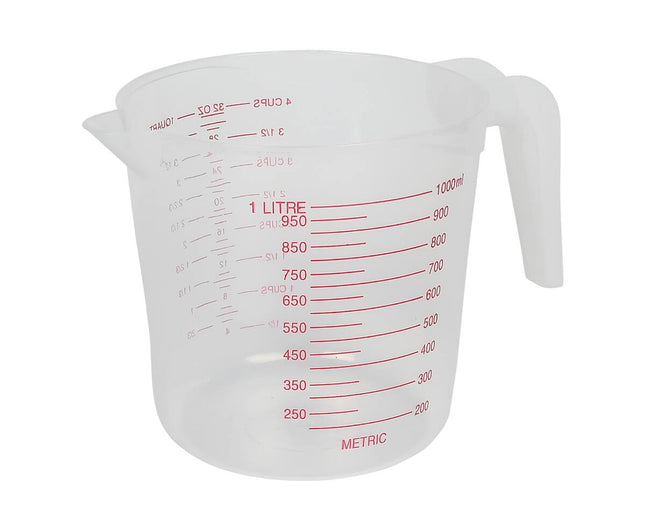 Maatbeker 1000 ml, transparant plastic, ideaal voor vloeistofmeting.