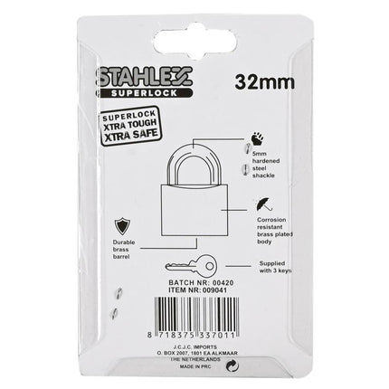 Hangslot 32 mm, Weerbestendig, Inclusief 3 Sleutels voor Poorten
