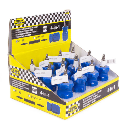 Compacte Stubby 4-in-1 Schroevendraaier, 8,5cm, Incl. 4 Bitjes