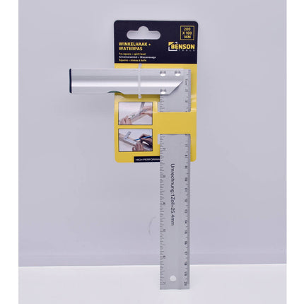 Winkelhaak 200x100mm RVS met Ingebouwde Waterpas voor Houtbewerking