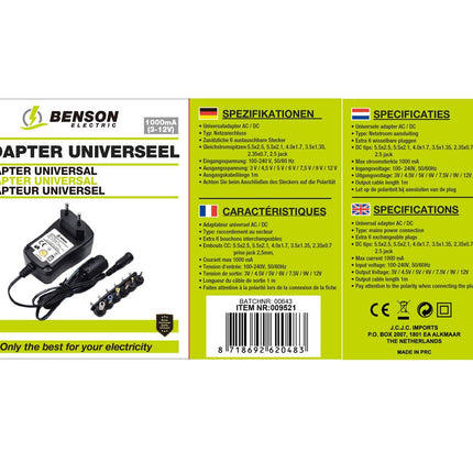 Universele Adapter 1000 mA, 6 Pluggen, 3V-12V Voeding Apparaten