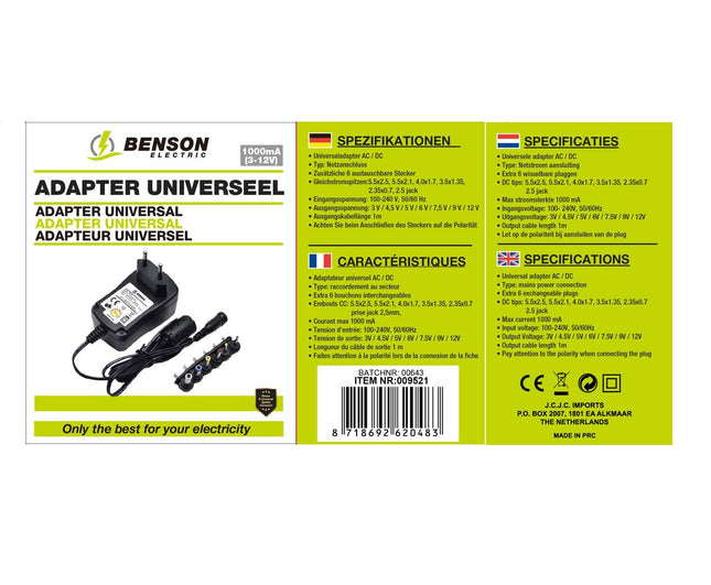Universele Adapter 1000 mA, 6 Pluggen, 3V-12V Voeding Apparaten