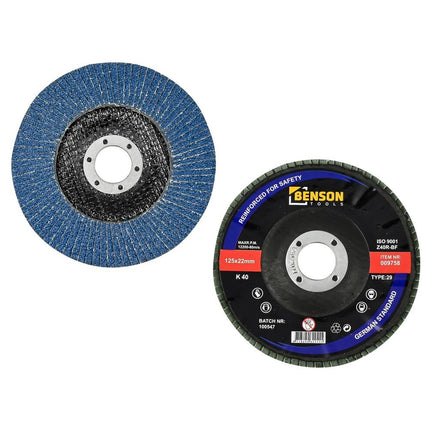 Fächerschleifscheibe 125 mm K40 für Stahl und Holz, ideal für Schweißnähte.