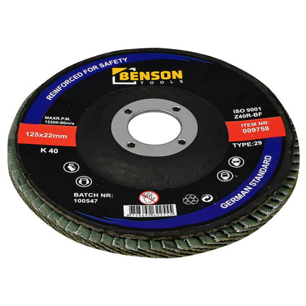 Fächerschleifscheibe 125 mm K40 für Stahl und Holz, ideal für Schweißnähte.