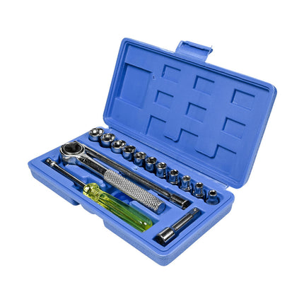 Doppendoos 17-delig: 1/4" Dopsleutels, Ratel, Verlengstukken, Compact