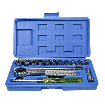 Doppendoos 17-delig: 1/4" Dopsleutels, Ratel, Verlengstukken, Compact