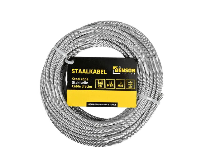 Staalkabel 3 mm x 15 mtr voor zware belastingen en buitengebruik