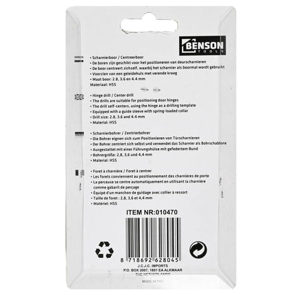 Scharnierboorset 3 dlg, Zelfcentrerend, HSS, Maten: 2.8, 3.6, 4.4 mm