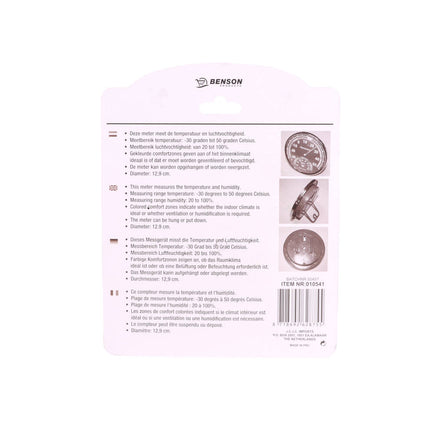 Thermo-Hygrometer: -30°C tot 50°C, 20-100% RH, voor binnenklimaat.