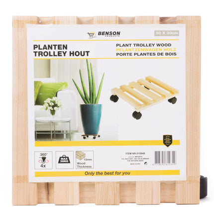 Houten Planten Trolley 30x30cm, 360° Wielen, Max 30kg, Binnen/Buiten.