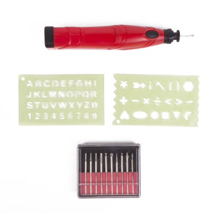 Graveerpen 3V, 10 opzetstukken, 13.000rpm, werkt op 2x AAA-batterijen.