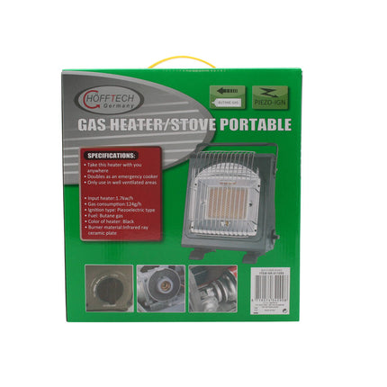 Portable 2-in-1 Gas Heater/Stove, Butane, 1.7 kW, 124 g/h, Camping Use