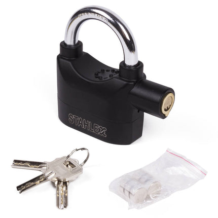 Hangslot 65mm Alarm, 110dB Sirene, Gehard Staal, 3 Sleutels, LR44 Batt.