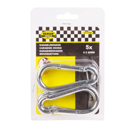 Karabinerhaken-Set 5 Stück 8x80 mm zum Aufhängen von Werkzeugen.