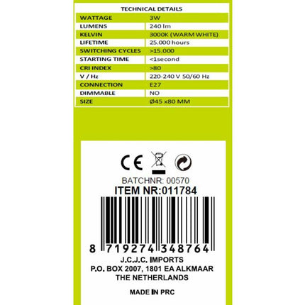 LED Lamp Bol G45 3W E27, 240lm, Warm Wit 3000K voor Woonkamers