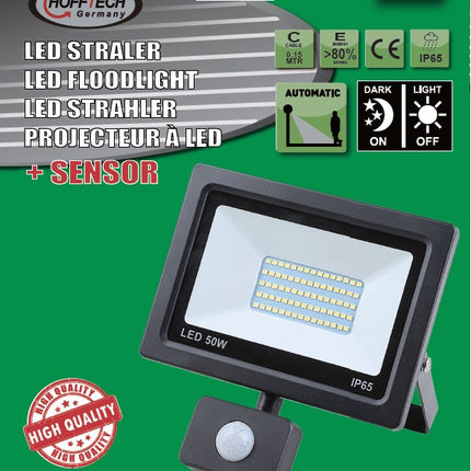 LED straler flat 50W SMD + sensor – Vermogen 50W, Spanning 220 - 240 V, Helderheid 5000 lm