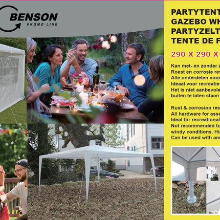 Partytent 3 zijden 290 x 290 x 245 cm – Afmeting 290 x 290 x 245 CM, Material 90gram/m2 PE