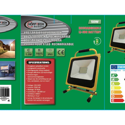 50W Oplaadbare LED Werklamp, 3500lm, 4u Gebruiksduur, IP65, 6600mAh Accu