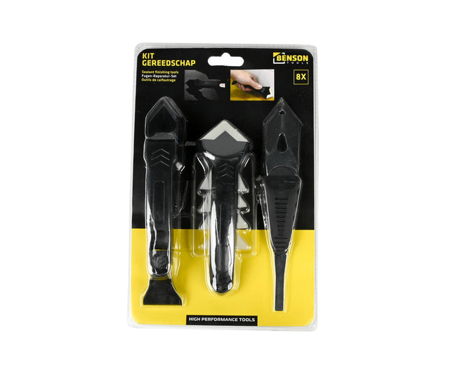 Kit Reparatieset met Schraper 8 dlg: Metalen en Kunststof Schrapers, Siliconen Troffel, 4 Radius Opzetstukken voor Perfecte Kitverwijdering en Afwerking.