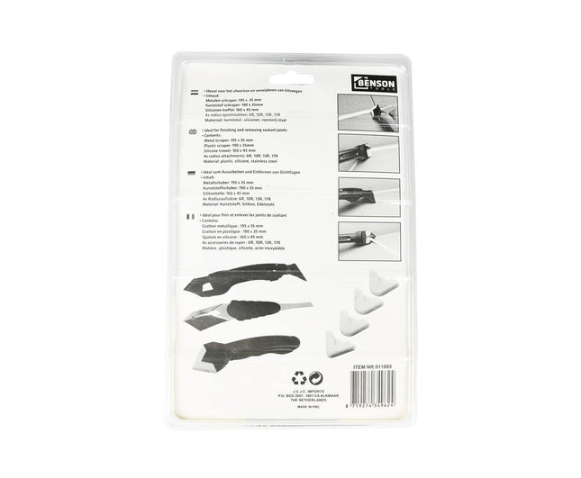 Kit Reparatieset met Schraper 8 dlg: Metalen en Kunststof Schrapers, Siliconen Troffel, 4 Radius Opzetstukken voor Perfecte Kitverwijdering en Afwerking.