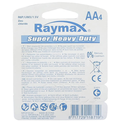 Raymax AA Zink-Koolstof Batterijen 1.5V, 4 stuks, ideaal voor klokken