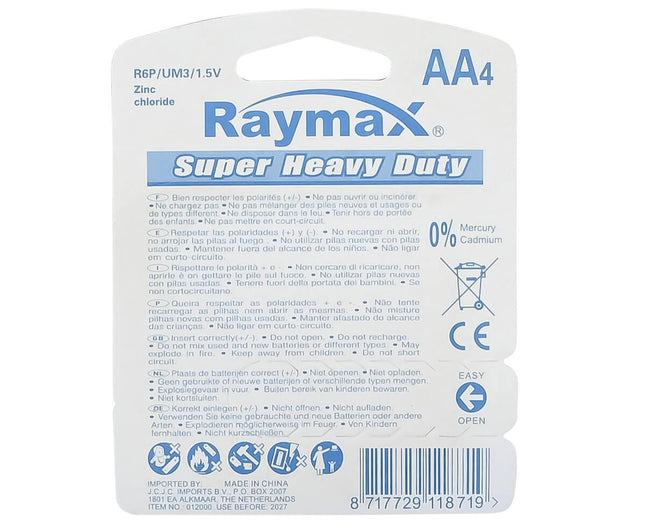 Raymax AA Zink-Koolstof Batterijen 1.5V, 4 stuks, ideaal voor klokken