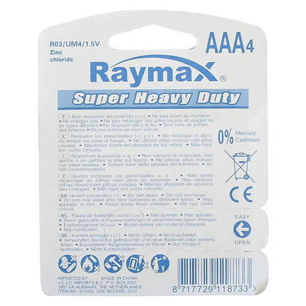 Raymax AAA R03 Zink Batterijen 4-Pack, ideaal voor afstandsbedieningen