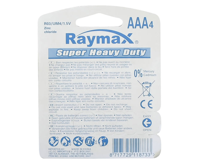 Raymax AAA R03 Zink Batterijen 4-Pack, ideaal voor afstandsbedieningen