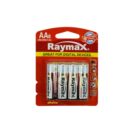 Raymax Alkaline AA LR6 1.5V Batterijen 8-pack, ideaal voor elektronica.