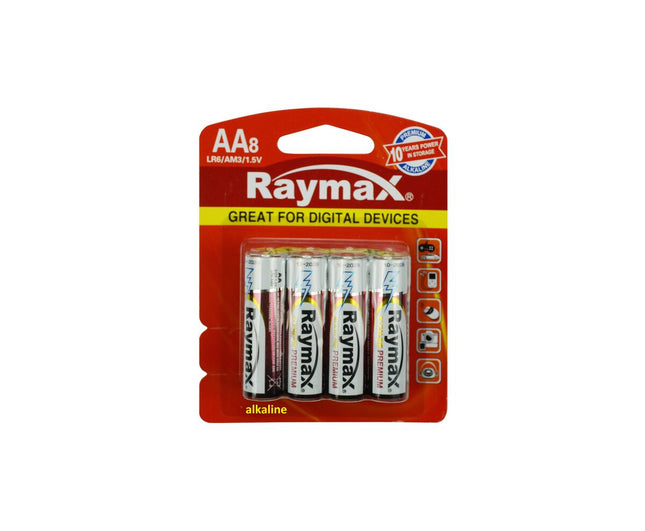 Raymax Alkaline AA LR6 1.5V Batterijen 8-pack, ideaal voor elektronica.