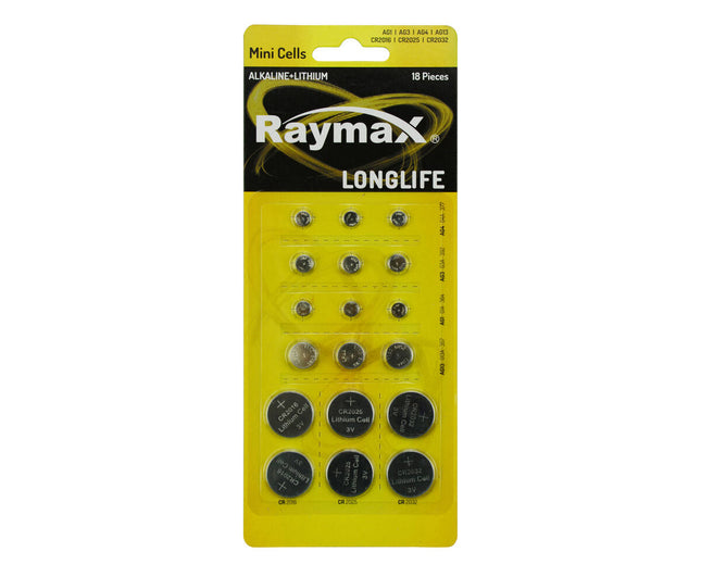 Raymax 18-delige Knoopcelset: AG1-AG13 en CR2016-CR2032 voor horloges