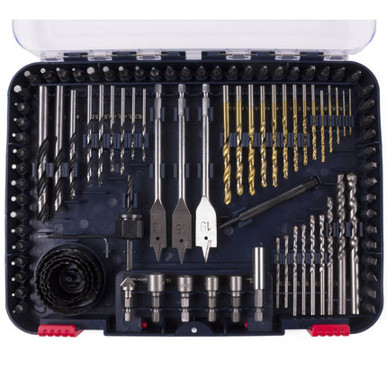Boor en Bitset 100 dlg: 14x HSS, 12x hout, 9x steen, 52 bits, koffer.