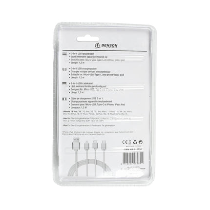 3-in-1 USB Kabel 1,2m - iPhone, Micro-USB, USB-C, Laad Meerdere Apparaat